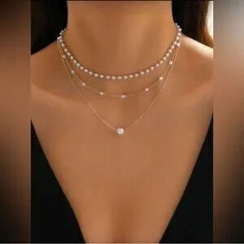 Gold 1pc Layered Pearl Chain Necklace - 3-Layer Dainty Gold Necklace